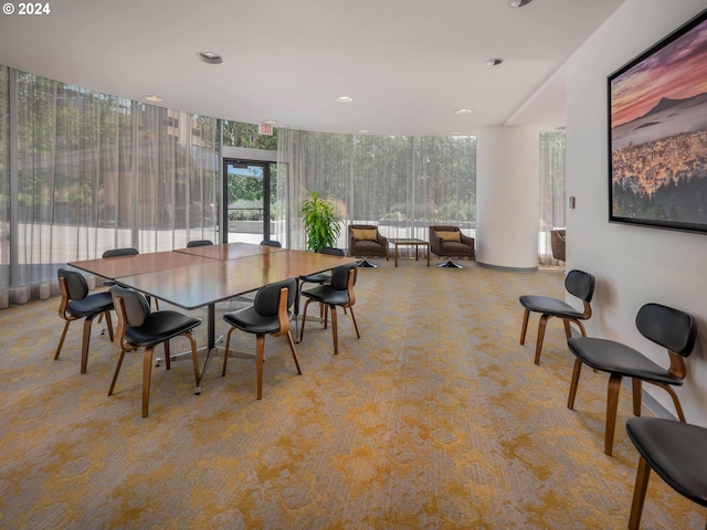 carpeted dining area with expansive windows