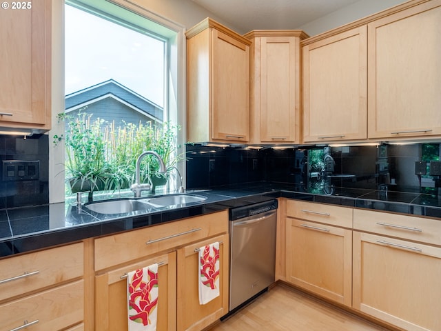 4374 M Loop, Washougal, WA 98671 - kitchen featuring light brown cabinets, stainless steel dishwasher, backsplash, and light wood-type flooring