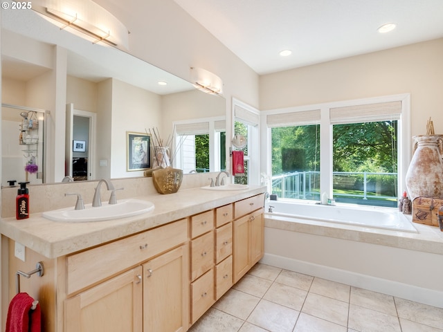 4374 M Loop, Washougal, WA 98671 - bathroom with a garden tub, double vanity, tile patterned floors, and recessed lighting