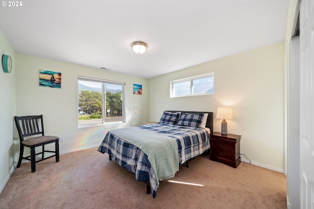 bedroom featuring light carpet and multiple windows