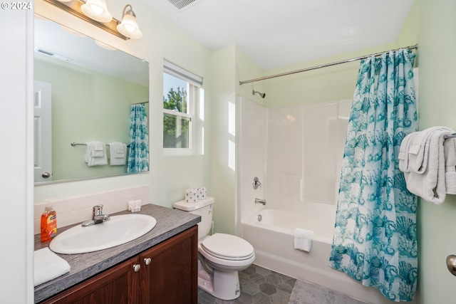 full bathroom with backsplash, vanity, shower / bathtub combination with curtain, and toilet