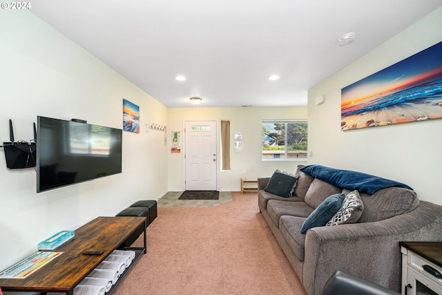 living room featuring light carpet