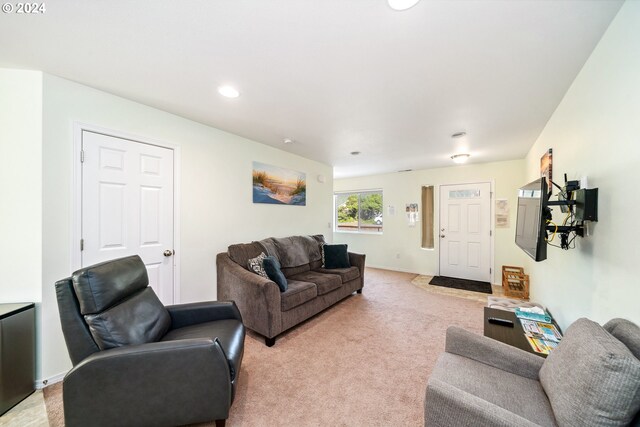 living room featuring light colored carpet