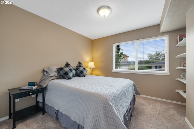 bedroom with a textured ceiling and carpet flooring