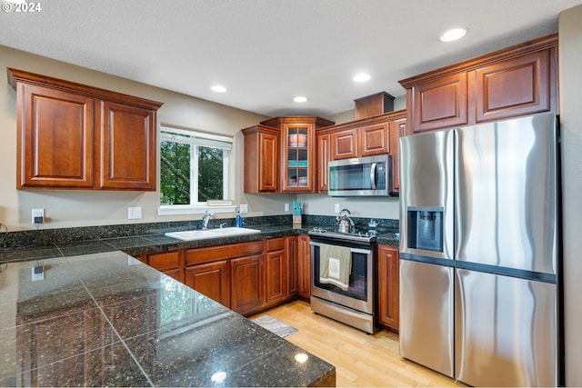 kitchen with light wood-type flooring, stainless steel appliances, and sink