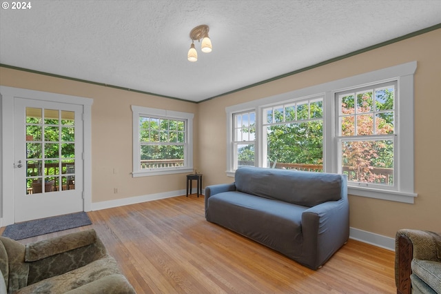 living room featuring crown molding, a textured ceiling, and light hardwood / wood-style flooring