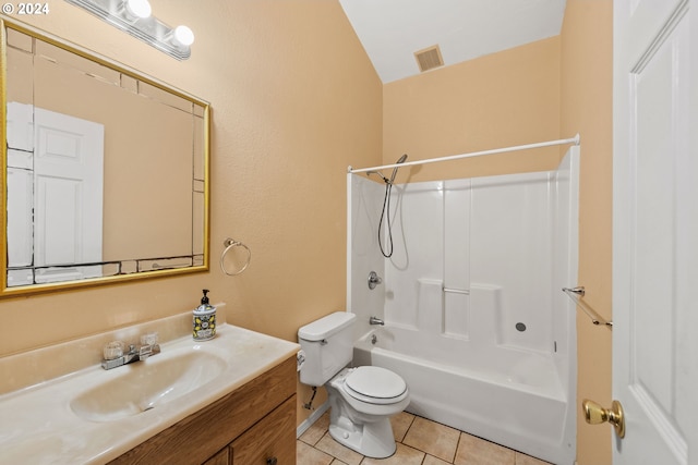 full bathroom with tile patterned floors, vanity, shower / tub combination, toilet, and lofted ceiling