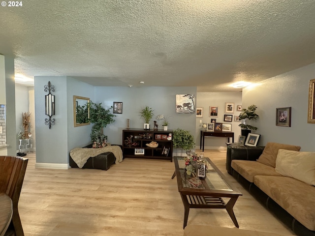 living room with light hardwood / wood-style floors and a textured ceiling