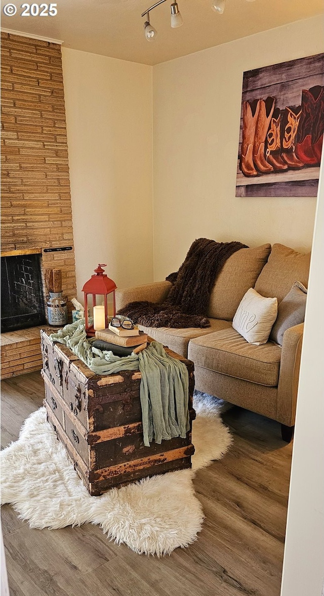 living room with a stone fireplace and wood finished floors