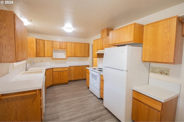 kitchen featuring light hardwood / wood-style floors, sink, and white appliances