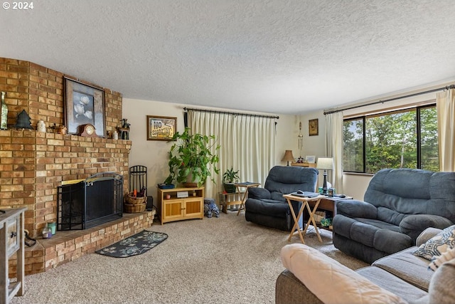 carpeted living room with a brick fireplace and a textured ceiling