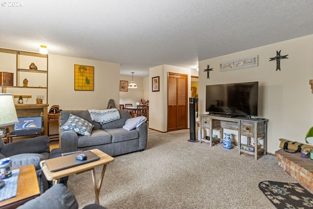 carpeted living room with a textured ceiling