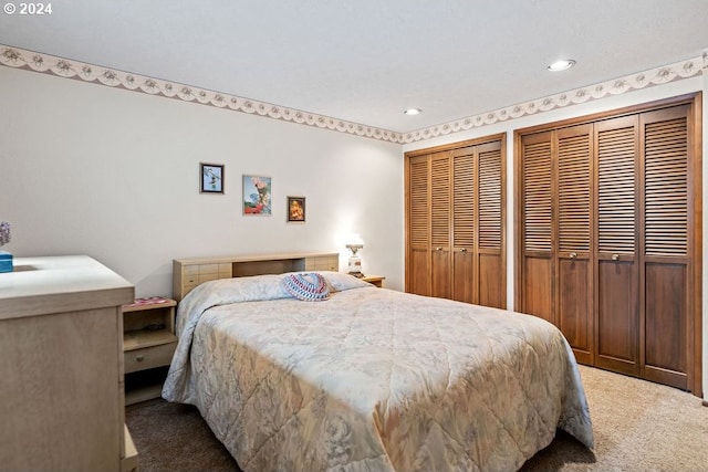 carpeted bedroom featuring multiple closets