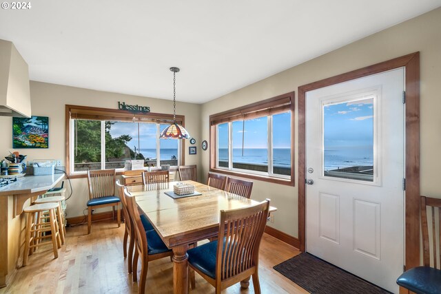 dining space featuring light wood-type flooring and a water view