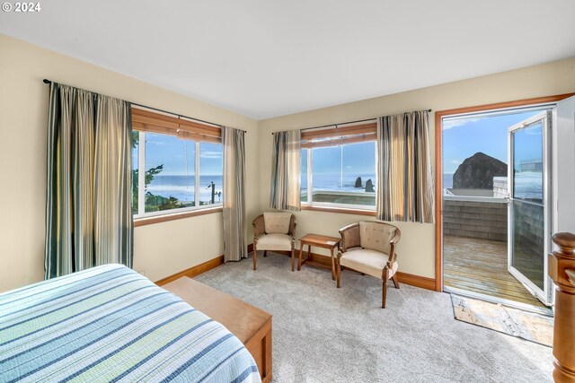 bedroom featuring light colored carpet and a water view