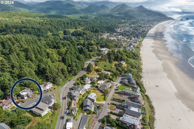 drone / aerial view featuring a water and mountain view