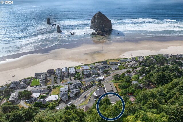 aerial view with a water view and a beach view