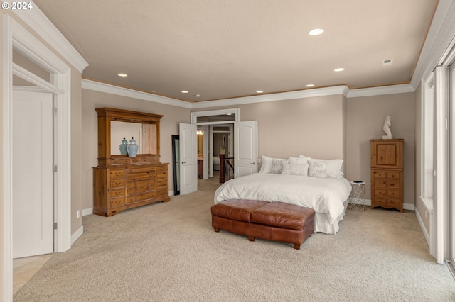 carpeted bedroom featuring ornamental molding