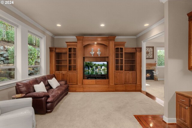 carpeted living room with ornamental molding