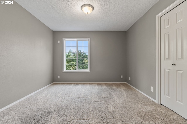 interior space featuring a textured ceiling, light colored carpet, and a closet