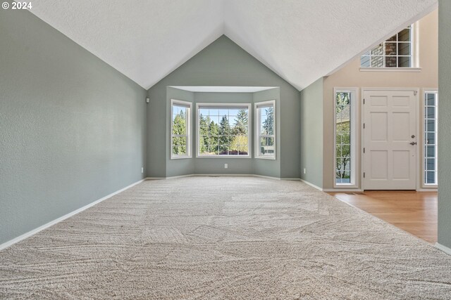 foyer entrance featuring light wood-type flooring, lofted ceiling, and a textured ceiling