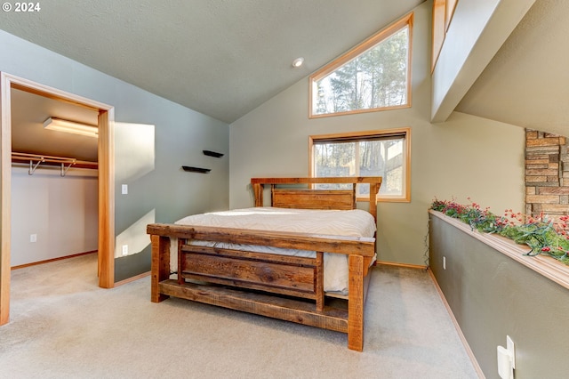 carpeted bedroom featuring a spacious closet, a closet, and lofted ceiling