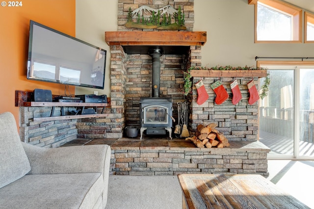 living room with carpet and a wood stove