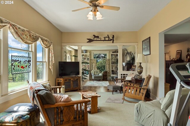 carpeted living room with decorative columns, ceiling fan, and a healthy amount of sunlight