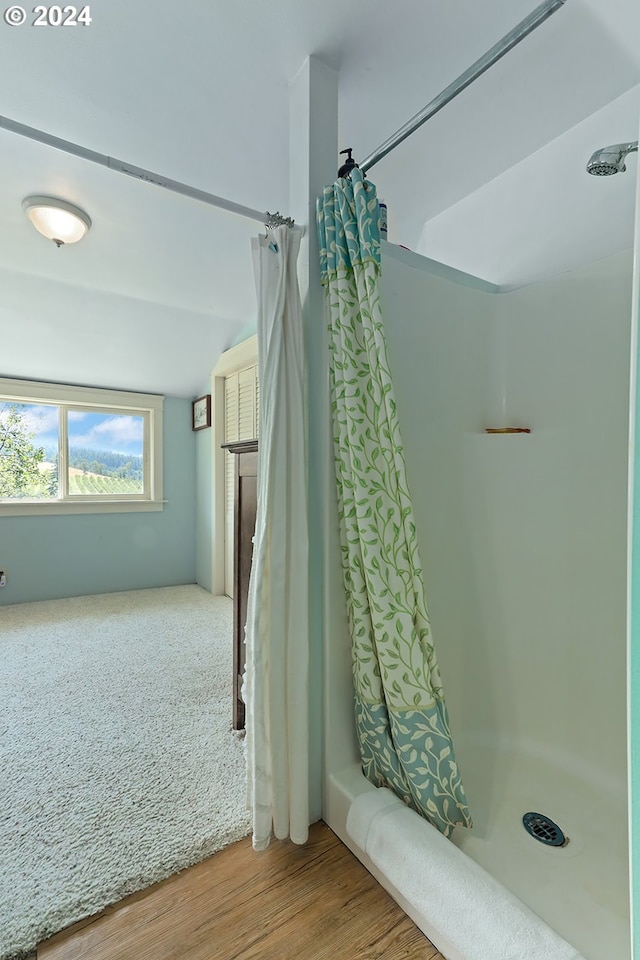 bathroom with wood-type flooring and a shower with shower curtain