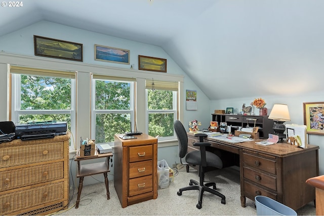 carpeted office featuring vaulted ceiling and plenty of natural light