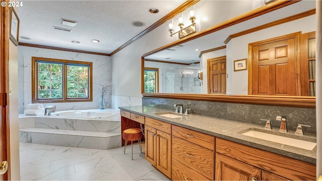 bathroom featuring a textured ceiling, plus walk in shower, crown molding, and vanity