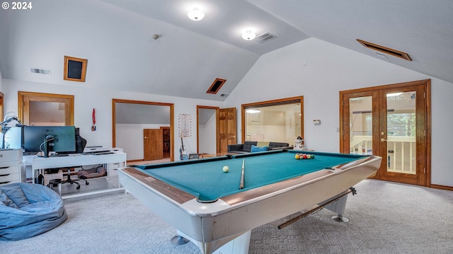 playroom featuring french doors, pool table, light carpet, and vaulted ceiling