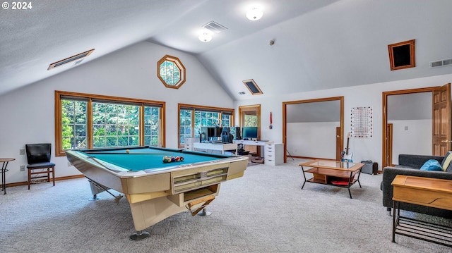 rec room with pool table, vaulted ceiling, and light carpet