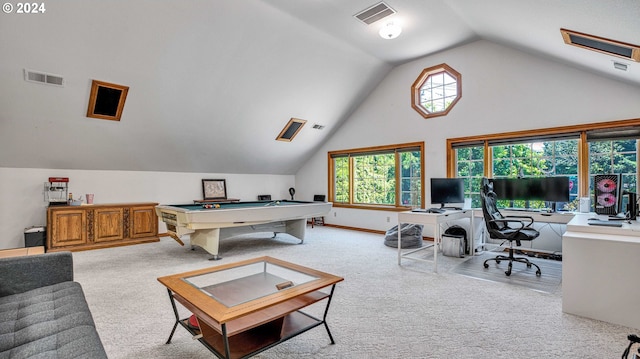 interior space with pool table, light colored carpet, and lofted ceiling