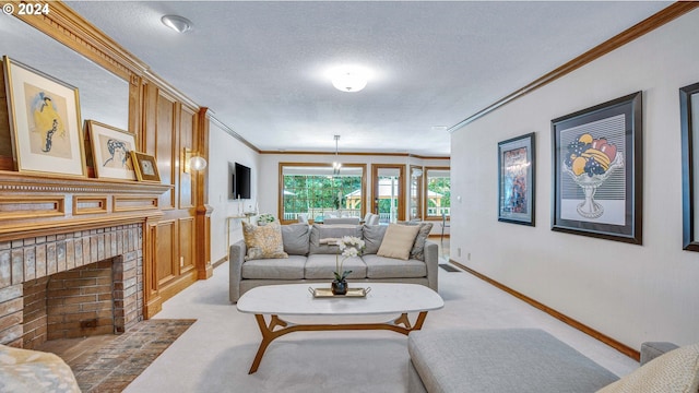 living room with a textured ceiling, light carpet, and crown molding