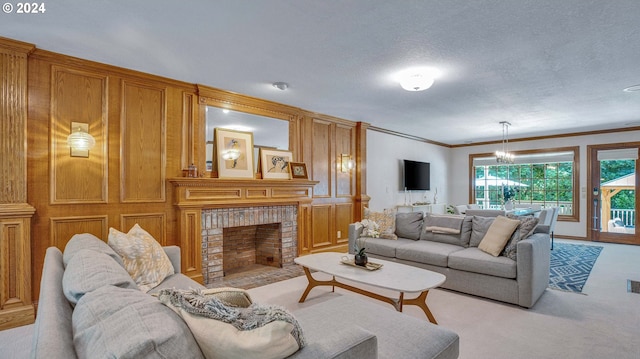 carpeted living room with a textured ceiling, a brick fireplace, and crown molding