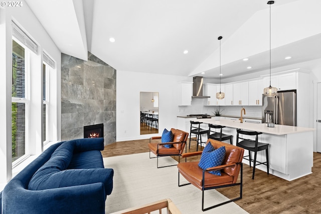 living room featuring lofted ceiling, hardwood / wood-style floors, and plenty of natural light