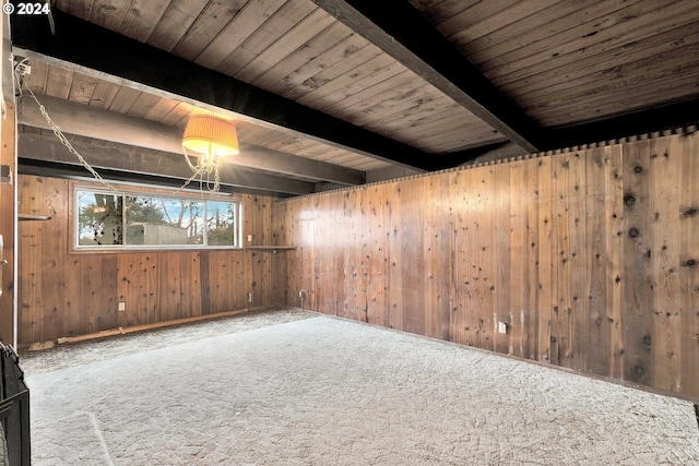 spare room with beam ceiling, wood walls, carpet, and wood ceiling