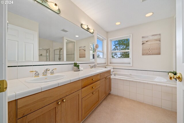 bathroom featuring vanity and plus walk in shower