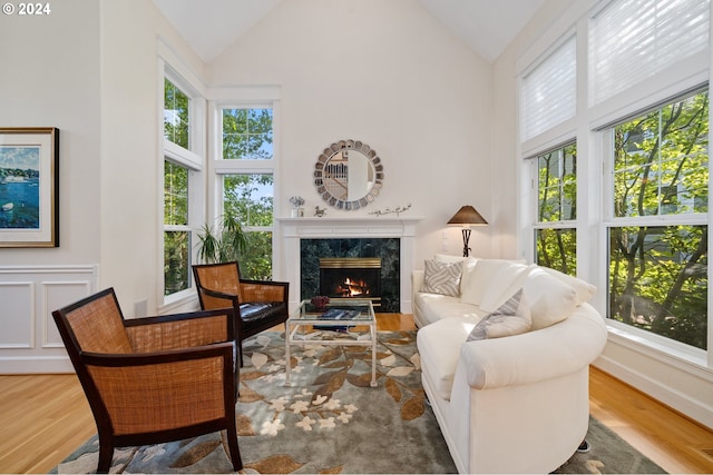 living area featuring a premium fireplace, wood finished floors, a healthy amount of sunlight, and high vaulted ceiling