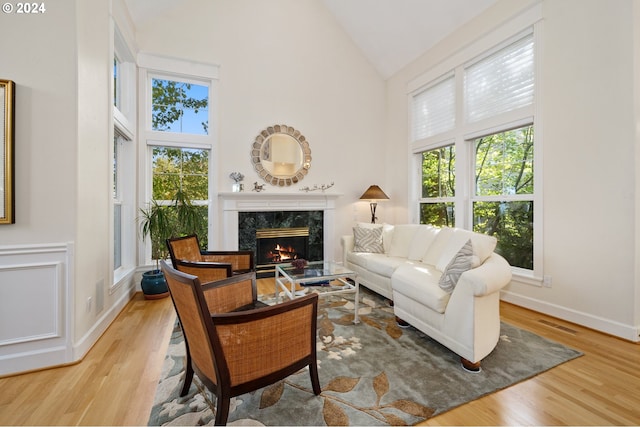 living room with light hardwood / wood-style floors, a premium fireplace, and high vaulted ceiling