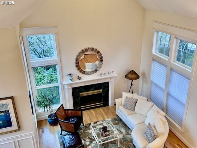 living room featuring a premium fireplace, plenty of natural light, wood finished floors, and lofted ceiling