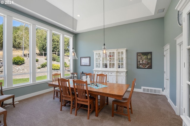 carpeted dining space with a tray ceiling and a high ceiling