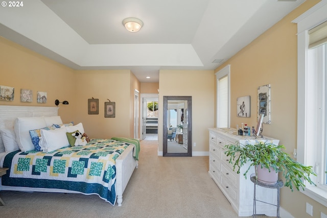 bedroom featuring a raised ceiling and light carpet