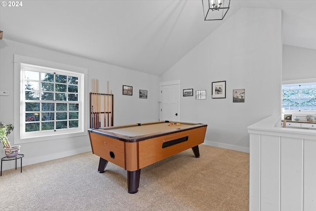 recreation room featuring pool table, high vaulted ceiling, and light carpet