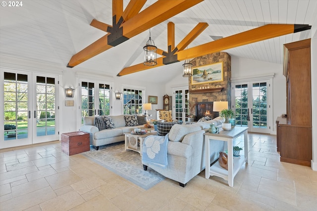 living room featuring a fireplace, french doors, high vaulted ceiling, a notable chandelier, and beam ceiling