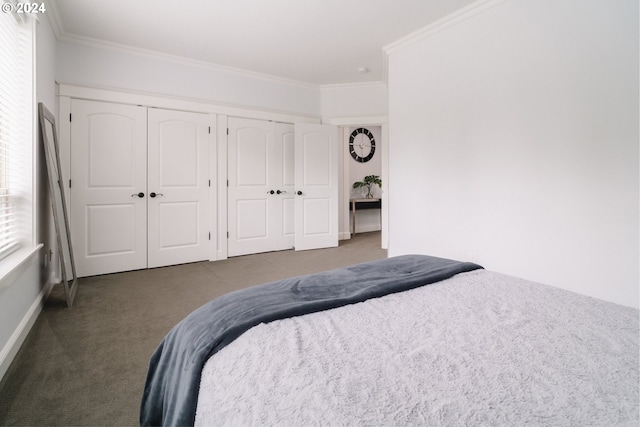 carpeted bedroom with crown molding