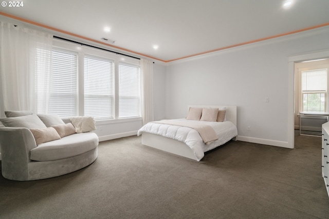 carpeted bedroom with crown molding and multiple windows