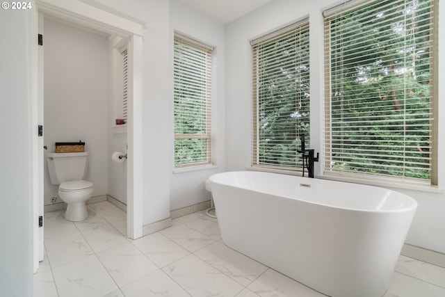 bathroom with toilet, plenty of natural light, and a tub