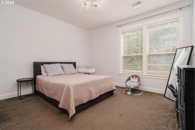 carpeted bedroom with ornamental molding